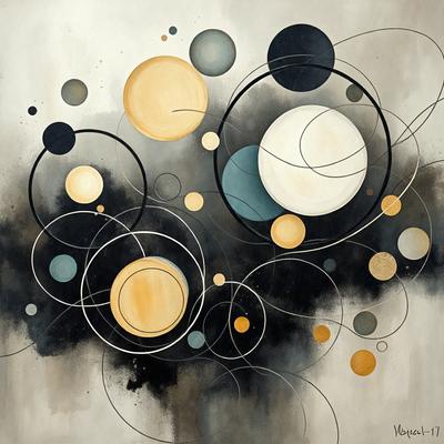 The primary subject of the image is a painting featuring a variety of circles and swirls. The setting is a canvas, and the visual style is a combination of digital art and illustration. The painting is predominantly black and white, with some yellow and orange accents. The overall atmosphere is dynamic and artistic, showcasing the artist's creativity and skill in crafting a visually appealing piece of art.